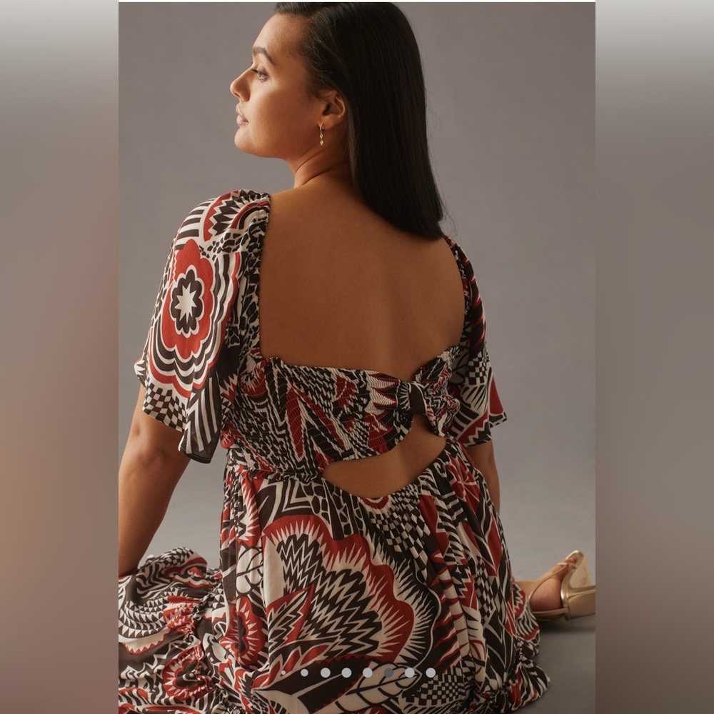 By Anthropologie XL Tiered Maxi Dress Red Pattern Short Sleeve V-Neck‎ Buttons - Picture 3 of 15